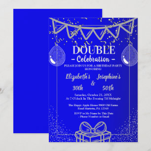Adult Joint Double Birthday Party Blue Silver Invitation