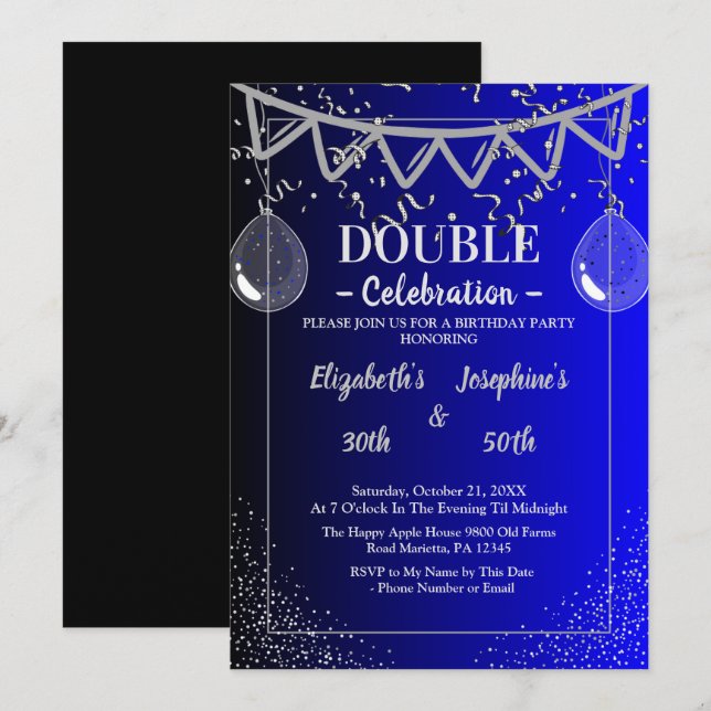 Adult Joint   Double Birthday Party | Blue  Silver Invitation (Front/Back)