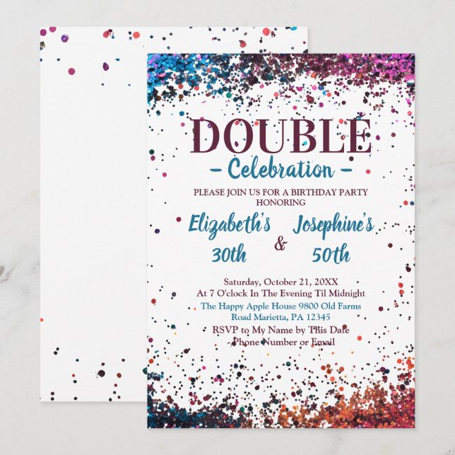 Adult Joint Double Birthday Party Colourful Confet Invitation (Front/Back)