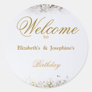 Adult Joint Double Birthday Party White Gold Classic Round Sticker