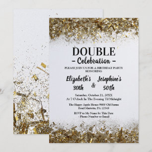 Adult Joint Double Birthday Party White Gold Invitation