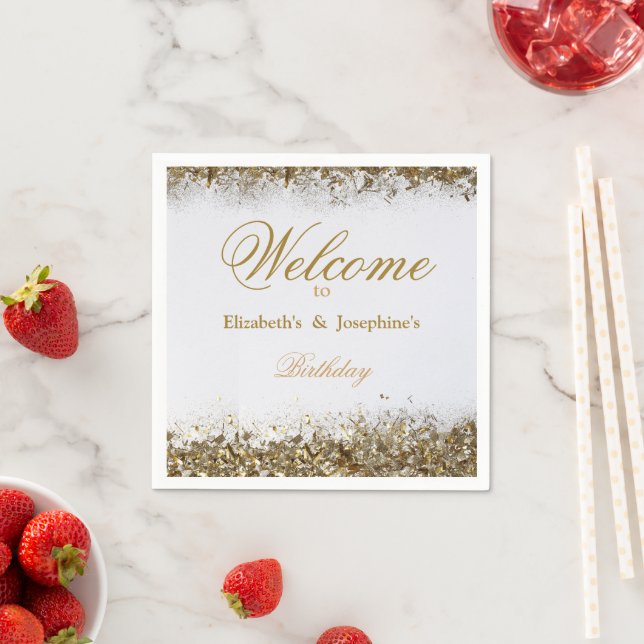 Adult Joint Double Birthday Party | White Gold Napkin (Insitu)