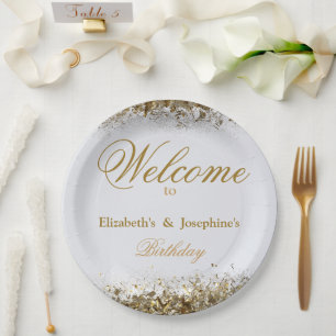 Adult Joint Double Birthday Party   White Gold Paper Plate