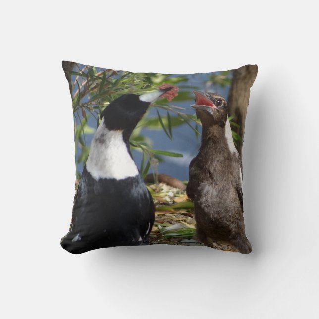 Adult Magpie with Juvenile Throw Pillow (Front)