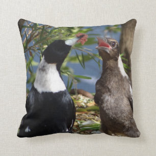 Adult Magpie with Juvenile Throw Pillow