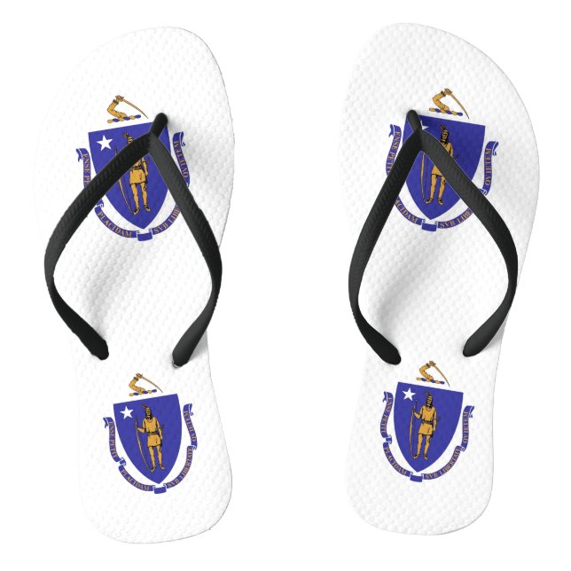 Adult Slim Straps with Flag of Massachusetts, USA Flip Flops (Footbed)