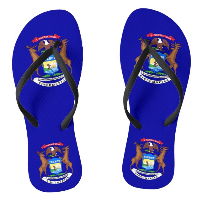 Adult Slim Straps with Flag of Michigan, USA Flip Flops (Footbed)
