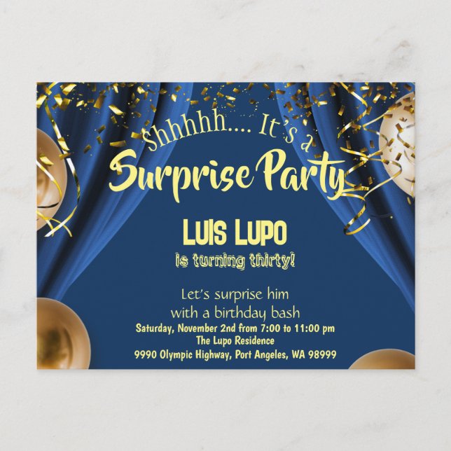 Adult Surprise Birthday Invitation PostCard Blue (Front)