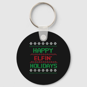 Adult Ugly Christmas Sweater Tee. Happy Elfin' Hol Keychain