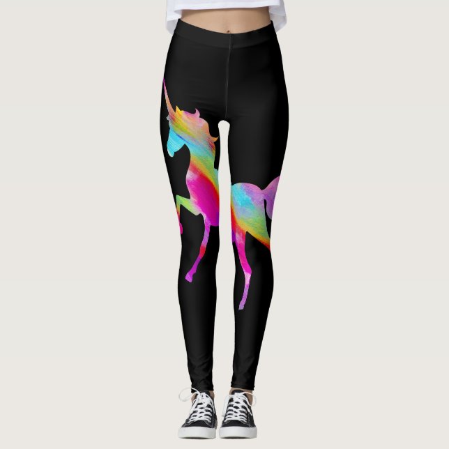 Adult Woman's Gold Glitter Rainbow Unicorn - Black Leggings (Front)