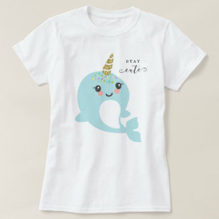 Adult Woman's Narwhal Gold Glitter Rainbow Stripes T-Shirt