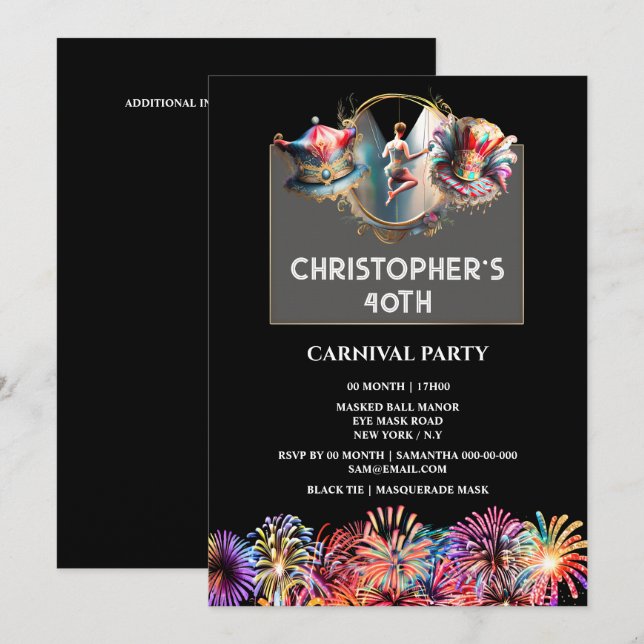 Adults circus carnival mad hatter fireworks party invitation (Front/Back)