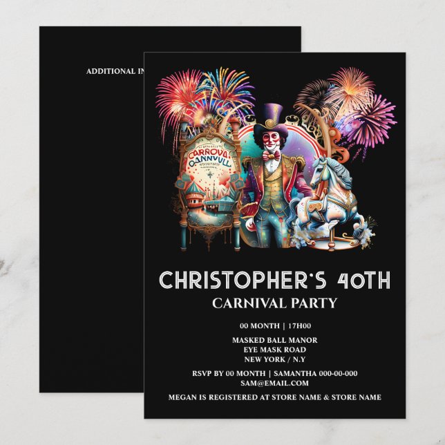 Adults circus carnival theme ringmaster carousel invitation (Front/Back)