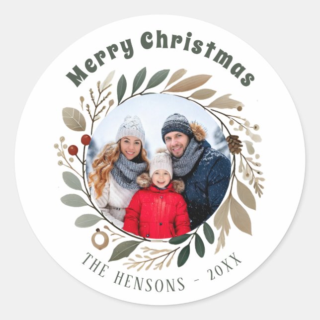 Advent Wreath Foliage Merry Christmas Family Photo Classic Round Sticker (Front)