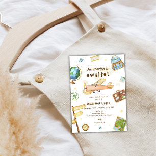 Adventure Around The World Airplane Baby Shower Invitation