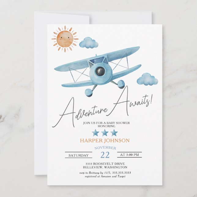 Adventure Attend Baby shower avion Invitation (Devant)