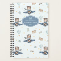 Adventure Aviation Cute Bear Blue Plane Monogram