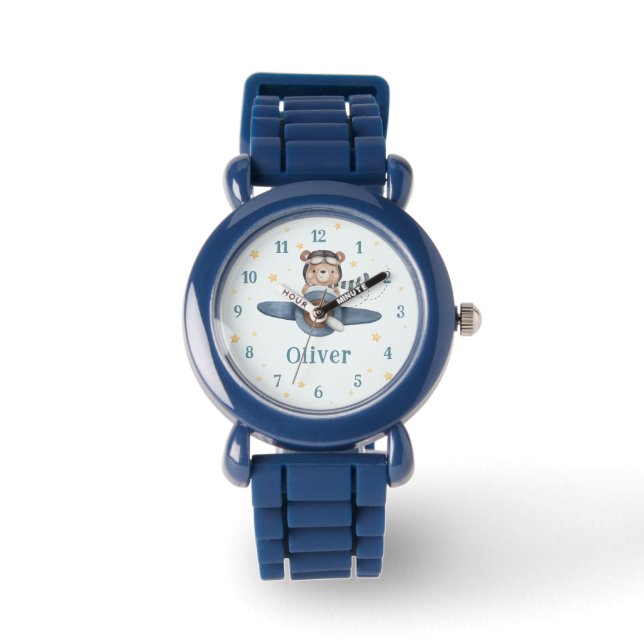 Adventure Aviation Cute Bear Blue Plane  Watch (Front)