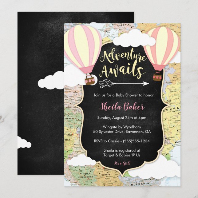 Adventure Await and Girl Baby shower Invitation (Devant / Derrière)