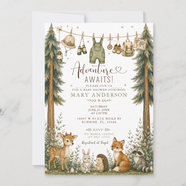 Adventure AWAIT Forest Animals Baby Shower Invitation (Front)