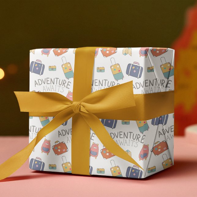 Adventure Await Travel Wrapping Feuilles papier (Celebrate a special trip with these cute, "Adventure Awaits" wrapping paper sheets! )
