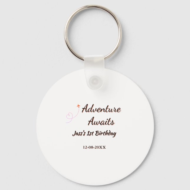 Adventure awaits 1st birthday name date planeretro keychain (Front)