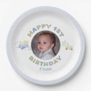 Adventure Awaits 1st Birthday Photo Personalized Paper Plate