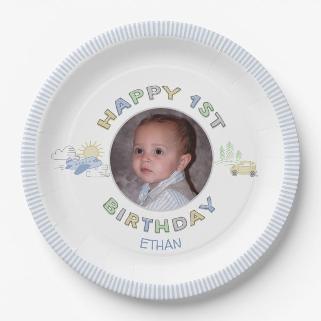 Adventure Awaits 1st Birthday Photo Personalized Paper Plate (Front)
