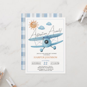 Adventure Awaits Airplane Baby Shower Boy Invitation