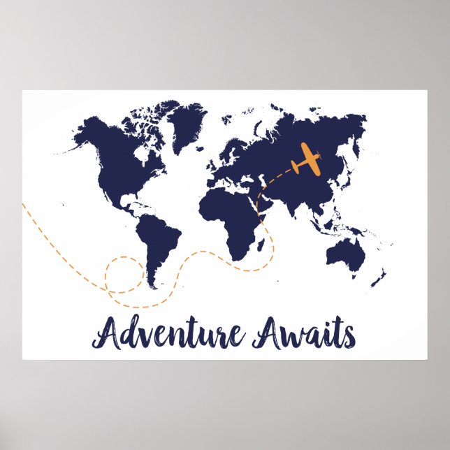 Adventure Awaits, Airplane Print, World Map Print (Front)