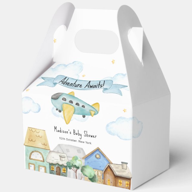 Adventure Awaits Aviator Airplane Baby Shower  Favor Box (Front)