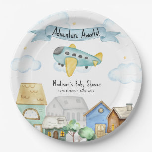 Adventure Awaits Aviator Airplane Baby Shower  Paper Plate