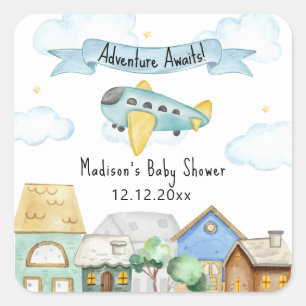 Adventure Awaits Aviator Airplane Baby Shower  Square Sticker
