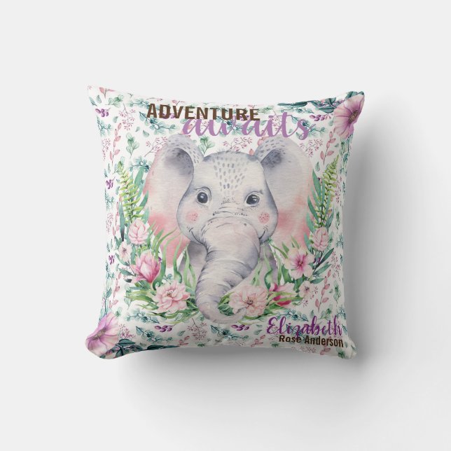 Adventure Awaits Baby Elephant Purple Floral Named Throw Pillow (Front)