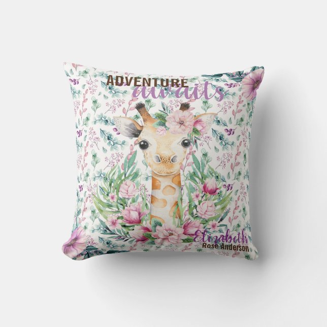 Adventure Awaits Baby GIRAFFE Purple Floral Named Throw Pillow (Front)