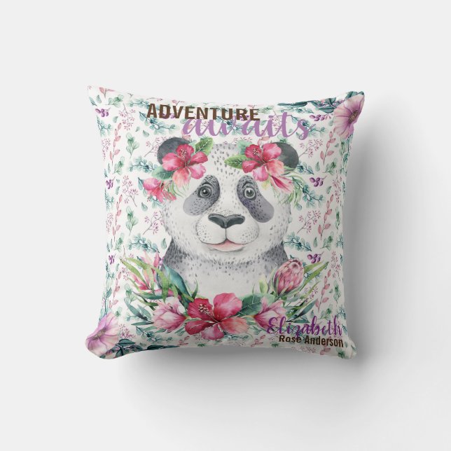 Adventure Awaits Baby PANDA BEAR Purple Floral Throw Pillow (Front)