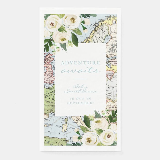 Adventure Awaits Baby Shower Floral Map Napkin (Front)