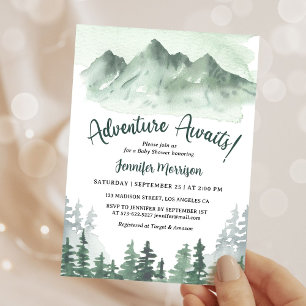 Adventure Awaits Baby Shower Green Forest Mountain Invitation