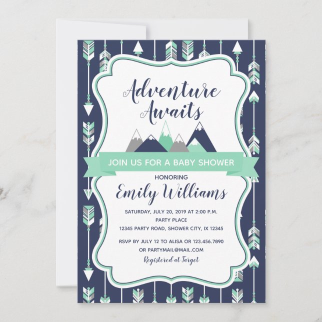 Adventure awaits baby shower invitation (Front)