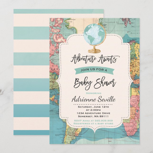 Adventure Awaits Baby Shower Invitation Map Shower (Front/Back)