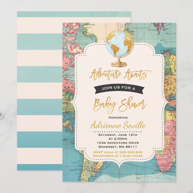 Adventure Awaits Baby Shower Invitation Map Shower (Front/Back)