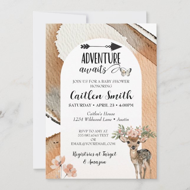 Adventure Awaits Baby Shower Woodland Deer Invitation (Front)