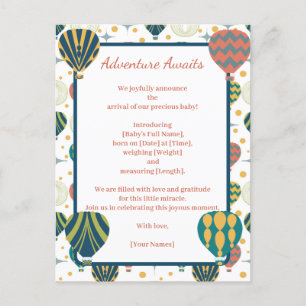 Adventure Awaits Balloon Birth Announcement Postcard