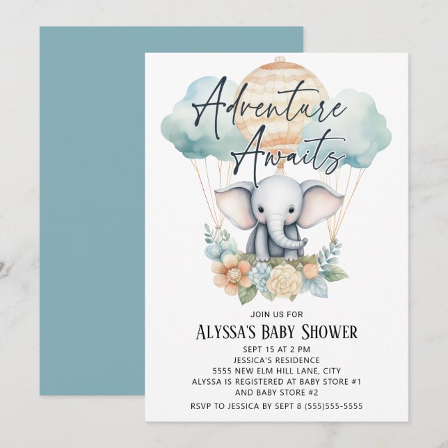 Adventure Awaits Balloon Elephant Blue Boy Invitation (Front/Back)