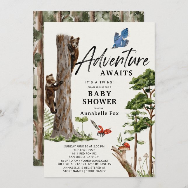 Adventure Awaits Bear Cub Twins Forest Baby Shower Invitation (Front/Back)