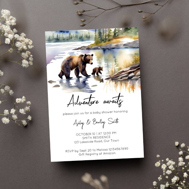 Adventure awaits bear cub with mom baby shower invitation (Adventure awaits Alaskan wilderness baby bear cub mother bear by the river baby shower invitation)
