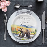 Adventure awaits bear cub with mom baby shower paper plate<br><div class="desc">Adventure awaits National Park theme baby shower party plates bear cub with mom baby bear,  Alaskan wilderness watercolor,  woodlands baby shower,  fall theme,  little wild one,  National Park themed baby shower</div>