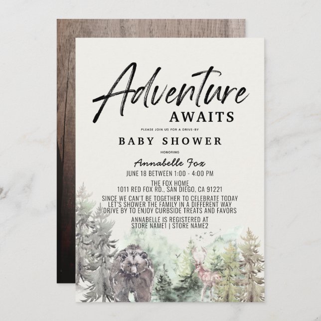 Adventure Awaits Bear Drive-by Baby Shower Invitation (Front/Back)