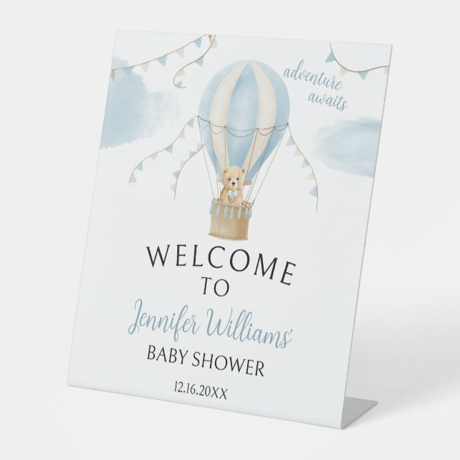 Adventure awaits bear hot air balloon baby shower pedestal sign (Front)