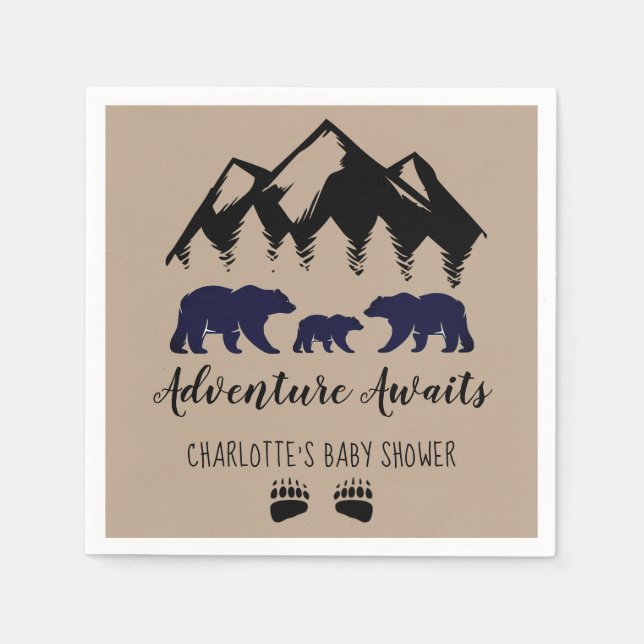 Adventure Awaits Bears Kraft Baby Shower  Napkins (Front)